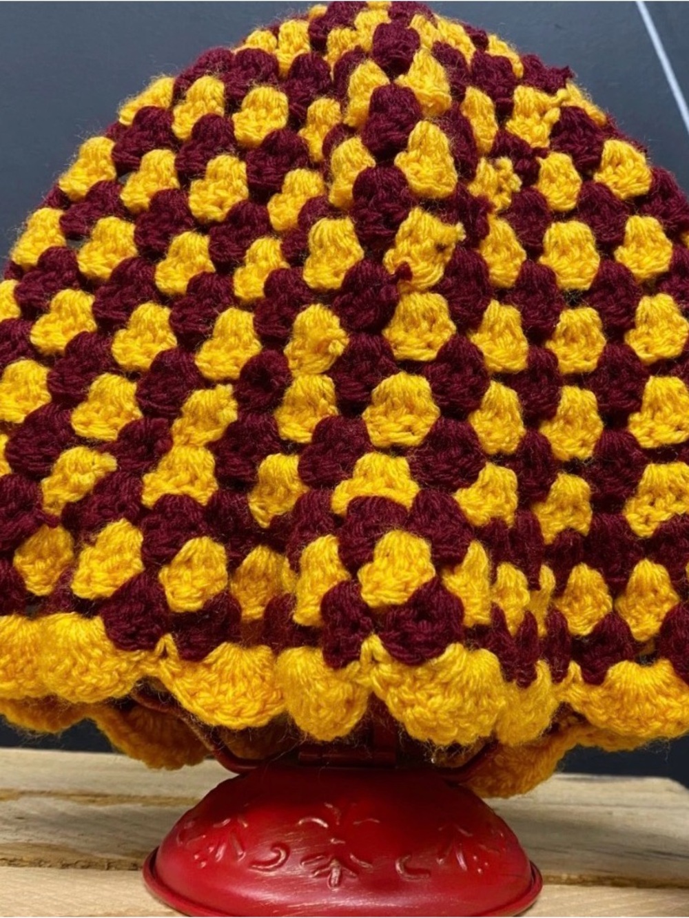 Handmade Crocheted Adult Bucket Hat  - Gold and Burgundy